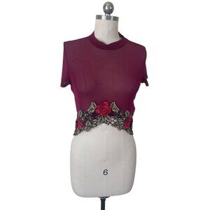 AGaci Y2K Crop Top Womens Large Red Mesh Embroidered Floral Romantic Dark Fairy